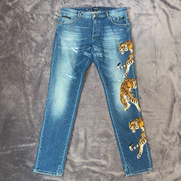Philipp Plein Men's Blue Straight Leg Tiger Jeans - Picture 3 of 8